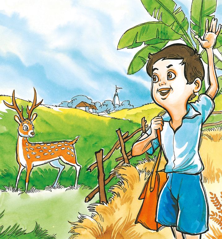 小男孩跟小鹿說再見